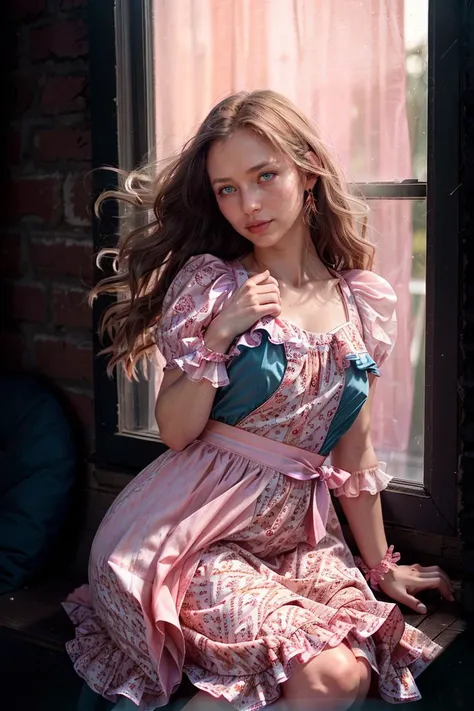 (analog photo:1.2),((dynamic pose:1.2),(dynamic camera),(close-up a woman in a pink dress sitting on a window sing,hdr:1.1,long float hair)),(midnight hour, high quality, film grain), (natural colors, correct white balance, color correction, dehaze,clarity), ,(skin texture), ,teal, orange, pink, and blue hues,