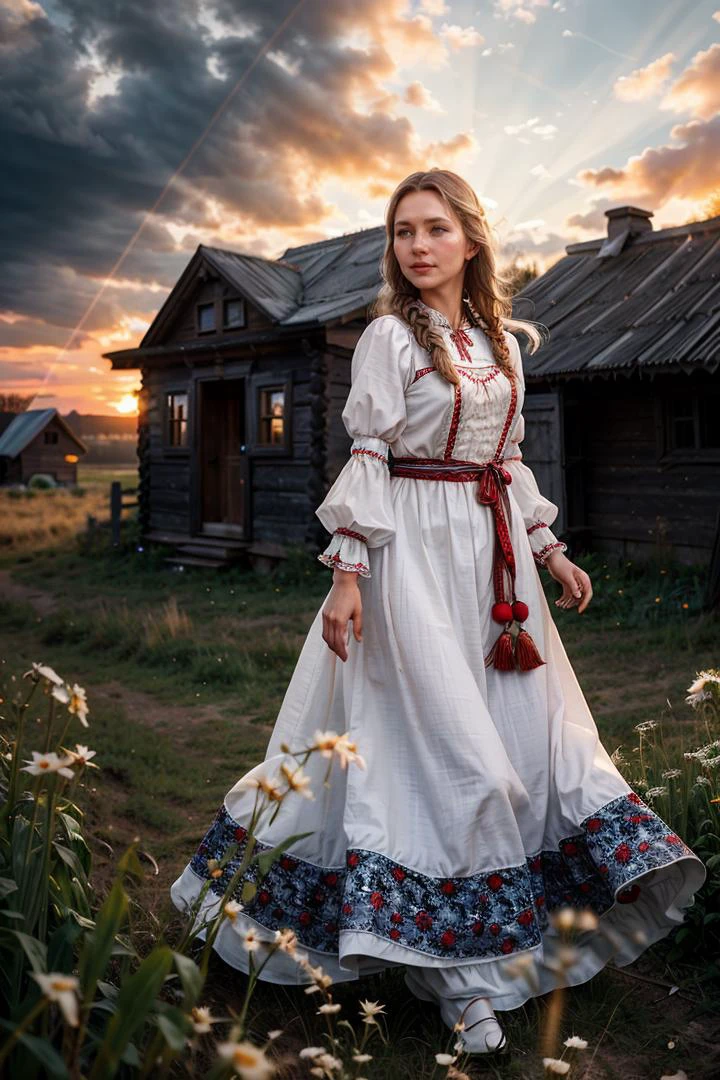 (analog photo:1.2),((dynamic pose:1.2),(dynamic camera),(a woman in a long dress is walking through a field, a still life inspired by Nikolay Makovsky, featured on cg society, folk art, ukrainian national clothes, ukrainian national costume, traditional russia,russian village,wooden house,(sunrays,sunset,sky clouds hdr:1.1))),(midnight hour, high quality, film grain), (natural colors, correct white balance, color correction, dehaze,clarity), ,(skin texture)
