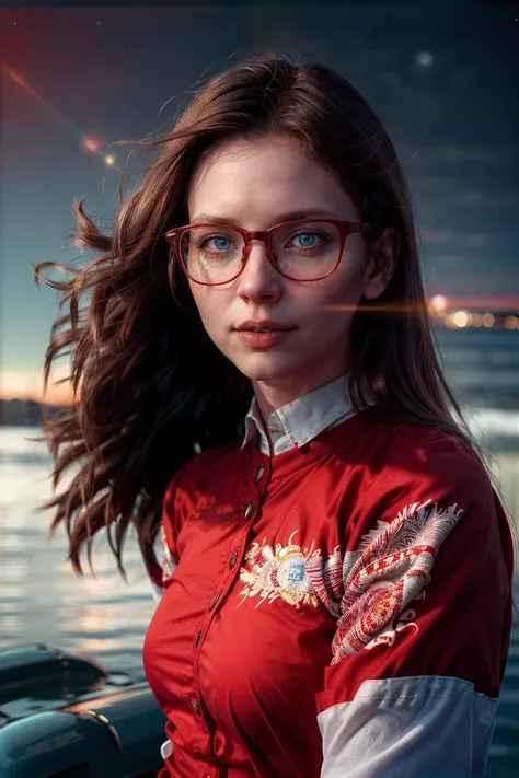 (analog photo:1.2),((dynamic pose:1.2),(dynamic camera),(close-up a woman wearing glasses and a red shirt,hdr:1.1,long float hair)),(midnight hour, high quality, film grain), (natural colors, correct white balance, color correction, dehaze,clarity), ,(skin texture), ,teal, orange, pink, and blue hues,