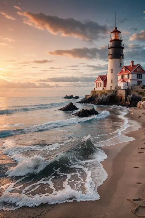 (Photo RAW),(beach with lighthouse),highly detailed,masterpiece, top quality, best quality, depth of field,bokeh,4k