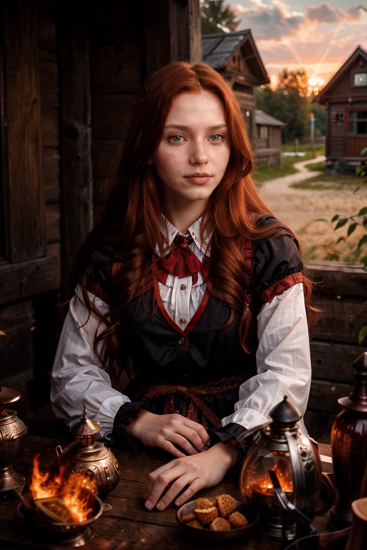 (analog photo:1.2),((dynamic pose:1.2),(dynamic camera),(a girl with long red hair sitting at a table, a character portrait by Ignat Bednarik, deviantart, neo-romanticism, red haired young woman, beautiful girl portrait, ukrainian girl,russian village,wooden house,(sunrays,sunset,sky clouds hdr:1.1))),(midnight hour, high quality, film grain), (natural colors, correct white balance, color correction, dehaze,clarity), ,(skin texture)
