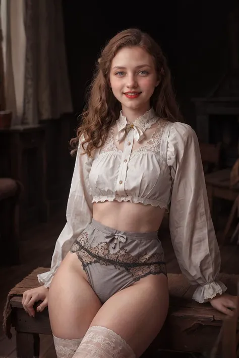 Russia,1900's photograph of 18 year old girl, smile,full pale red lips,Curled hair, wearing High-waisted gray lace panties with traditional costume , spread legs, russian village, wooden living room,black background, (natural colors, correct white balance, color correction, dehaze,clarity)