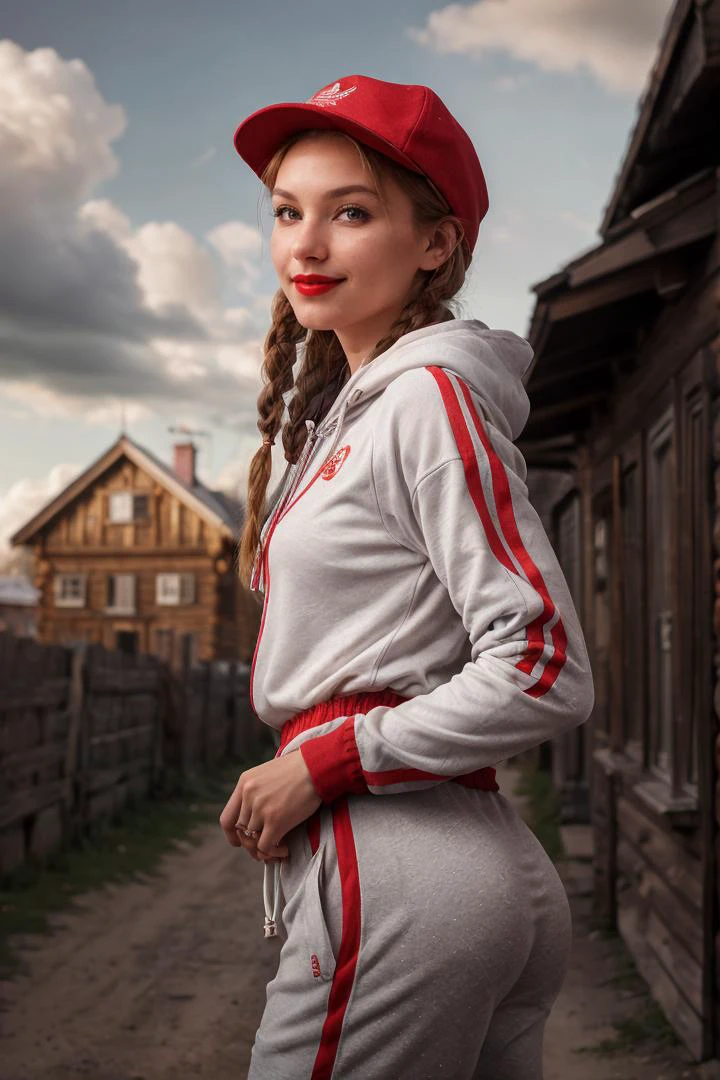 (dynamic pose:1.2),(dynamic camera),(Photo RAW),(Russia, (close-up) hoodigan, impudent sexy smile girl 18yo in an Crimson Adidas tracksuit,(posing for magazine cover), in the russian village, outdoor,wooden house, full red lips,sports hat,long ginger braids hair,(sky clouds hdr:1.2)),highly detailed,masterpiece, top quality, best quality, depth of field,bokeh,4k, ,(skin texture), (natural colors, correct white balance, color correction, dehaze,clarity)