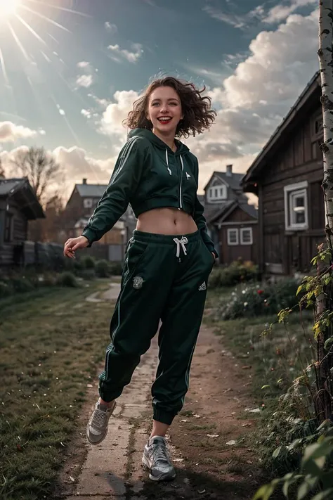 (analog photo:1.2),((dynamic pose:1.2),(dynamic camera),Russia, (close-up) hoodigan, impudent laughs sexy girl 18yo, in an Dark green grass Adidas tracksuit, (erotic posing for magazine cover,Dancing in a hip hop style,sneakers), garten in the russian village, birch,outdoor,wooden house, full red lips,long voluminous curly wave hair,(beer bottle on the ground, pack of cigarettes),(sunday,sunrays,sky clouds, hdr:1.3), ,(skin texture), (natural colors, correct white balance, color correction, dehaze,clarity)),(midnight hour, high quality, film grain), (natural colors, correct white balance, color correction, dehaze,clarity)