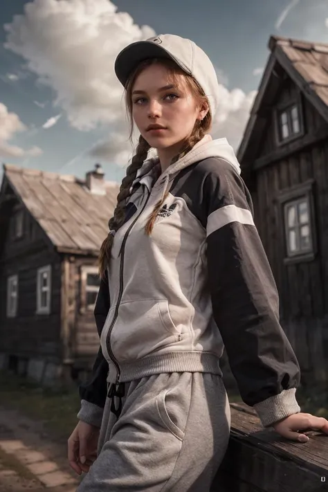 (dynamic pose:1.2),(dynamic camera),(Photo RAW),(Russia, (close-up) hoodigan, impudent sexy girl 18yo in an Olive Adidas tracksuit,(posing for magazine cover), in the russian village, outdoor,wooden house, sports hat,long ginger braids hair,(sky clouds hdr:1.2)),highly detailed,masterpiece, top quality, best quality, depth of field,bokeh,4k, ,(skin texture), (natural colors, correct white balance, color correction, dehaze,clarity)