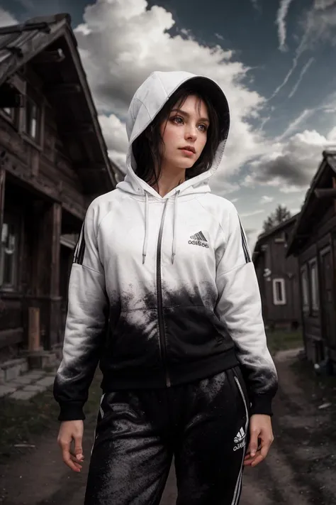 (dynamic pose:1.2),(dynamic camera),(Photo RAW),(Russia, (close-up) hoodigan, impudent sexy girl in an White Adidas tracksuit, in the russian village, outdoor,wooden house, sports hat,long black hair,(sky clouds hdr:1.2)),highly detailed,masterpiece, top quality, best quality, depth of field,bokeh,4k, ,(skin texture)