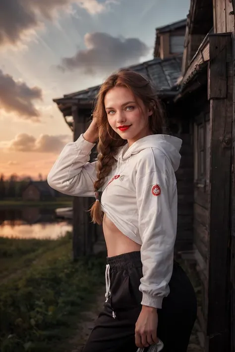 (analog photo:1.2),((dynamic pose:1.2),(dynamic camera),Russia, (close-up) hoodigan, impudent sexy smile girl 18yo, in an Lime Adidas tracksuit,(posing for magazine cover), in the russian village, birch,outdoor,wooden house, full red lips,long ginger braids hair,sunrays,(sky clouds hdr:1.2), ,(skin texture), (natural colors, correct white balance, color correction, dehaze,clarity)),(midnight hour, high quality, film grain), (natural colors, correct white balance, color correction, dehaze,clarity)