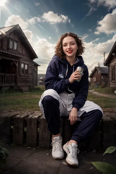 (analog photo:1.2),((dynamic pose:1.2),(dynamic camera),Russia, (close-up) hoodigan, impudent laughs sexy girl 18yo, in an purple Adidas tracksuit, (erotic posing for magazine cover,Sitting with legs crossed at ankles,sneakers), garten in the russian village, birch,outdoor,wooden house, full red lips,long voluminous curly wave hair,(beer bottle on the ground, pack of cigarettes),(sunday,sunrays,sky clouds, hdr:1.3), ,(skin texture), (natural colors, correct white balance, color correction, dehaze,clarity)),(midnight hour, high quality, film grain), (natural colors, correct white balance, color correction, dehaze,clarity)