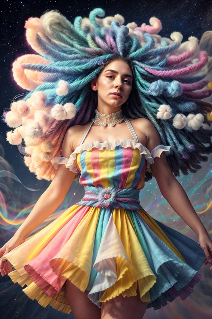 A woman with colorful hair and a rainbow dress in the sky - SeaArt AI