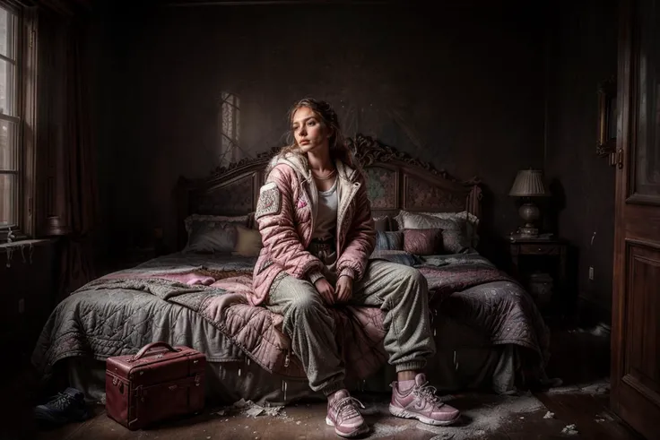 (dynamic pose:1.2),(dynamic camera),midjourney pride,(a hyperrealistic image of completely filled (foggy) a dusty pastell powder glowing powerful splashing),(bedroom in a palace, an young woman sitting in Quilted jacket and cargo pants on the bed, sneakers),cold gamma colors,color correction,highly detailed, rule of third, soft lighting, beautiful detailed, insanely intricate details, hypermaximalistic, high details, 8k wallpaper, ultra detailed, beautiful and aesthetic, masterpiece, best quality,extremely detailed, the most beautiful form of chaos, elegant designed, vivid colours, romanticism, atmospheric, <lora:add_detail:0.25>,<lyco:MJ_Pride:0.33>, ,(skin texture), (16mm lens low wide-angle,(fish-eye:0.8)),(move noment), <lora:add_detail:0.50>