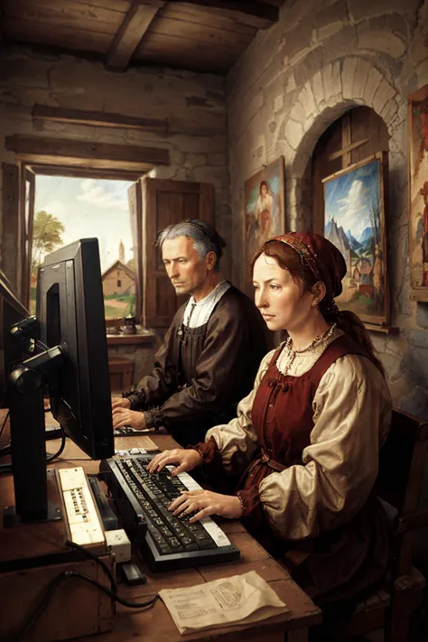cables,computer,CRT monitor,keyboard (computer),computers in a renaissance peasant village,peasant villagers wearing renaissance clothing,masterpiece,<lora:Dur3r:1>,Dur3r oil painting style,