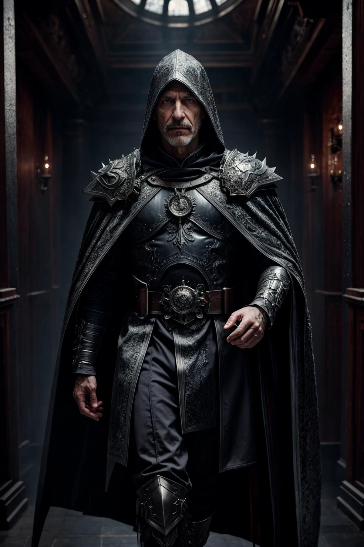 photo RAW, (analog photo, Detailed Mixed Media Art, Sharp Focus), masterpiece, award winning photography, high detail, hyper realistic, dramatic lighting, epic, <lora:add_detail:0.5>,
(1man, old male:1.2), purple eyes, white hair, mustache,
Style-GravityMagic, portrait, looking away, solo, half shot, detailed background, (<lora:OxideTech:0.6>, oxidetech theme:1.1), interrogator, silver trimmed elaborate intricate (studded:0.8) leather clothes, coat, cape, straps, belts, buckles, silver blade, imperial seal, flasks, hood, dark cellar in background, winter, mysterious atmosphere, dark lighting, shadows, warhammer dark fantasy,