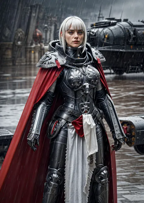 1girl, edgAdepta, wearing edgAdepta,black power armor,shoulder armor, white hair, chrome trim, red cape, bangs, fringe, ornate patterns, standing on battlefield, rainy <lora:edgWar40KAdeptaSororitas:0.7> <lora:more_details:1> OverallDetail