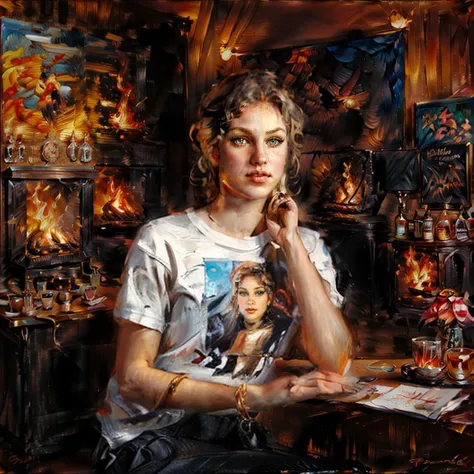 (British woman:1.1), wearing a t-shirt with picture of campfire, professional photograph, neutral studio backdrop, in the studio, oil painting style <lora:Razumov_20230923003911:0.6>