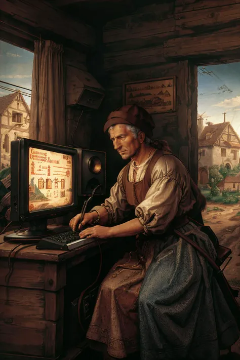 <lora:Stalenh4g:0.4>,renaissance peasant village,horse pulling a cart and in the cart is a peasant villager using a retro computer,<lora:Dur3r:1.2>,Dur3r style,(cables,computer on a horse,cathode ray tube monitor on a horse,keyboard (computer)),