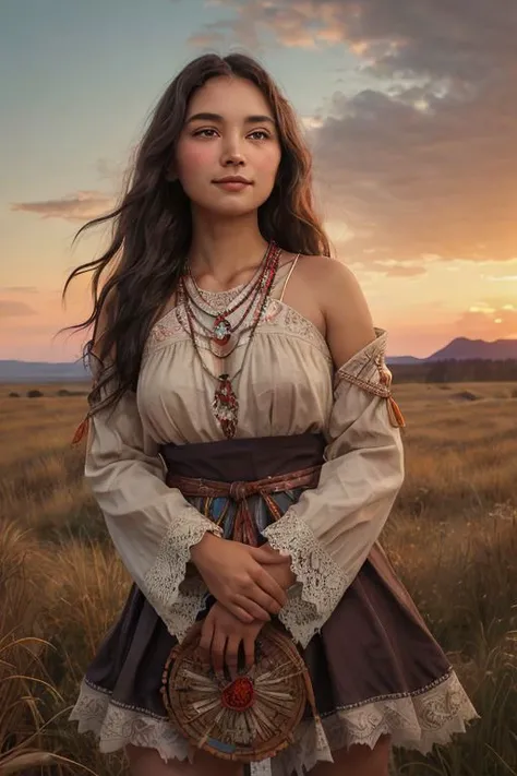 (open chest),(close-up portrait:1.0), Amid the vastness of the American plains, where the earth meets a sky so expansive it seems endless, and where majestic mountains rise in the distance, a Native American girl stands, embodying the spirit and legacy of her ancestors, Around her, the rustling of prairie grasses whispers ancient tales, and the distant cries of eagles echo freedom,
She wears a garment adorned with intricate lace, its patterns reminiscent of the sacred geometries found in Native American art and symbols, The lace, tinted in hues of sunset orange and deep canyon red, harmonizes beautifully with her sun-bronzed skin, reflecting the colors of the earth she holds dear,
Her raven-black hair flows freely, interspersed with feathers and beads, symbols of her tribe and lineage, Her eyes, deep pools of wisdom, bear witness to the sacredness of the land and the stories passed down through generations, On her lips, there's a gentle, contemplative smile, revealing a deep connection to the spirits of the land, the sky, and the water,
As the wind caresses her face and the land stretches out before her, she stands as a testament to resilience, tradition, and the enduring beauty of Native American culture,, (thigh gap, cameltoe), (large oval perfect eyes that gazes at the viewer), (erotic, large breasts, nsfw, seductive, intriguing) <lora:weight_slider_v2:-0.8>, (cowboy shot)