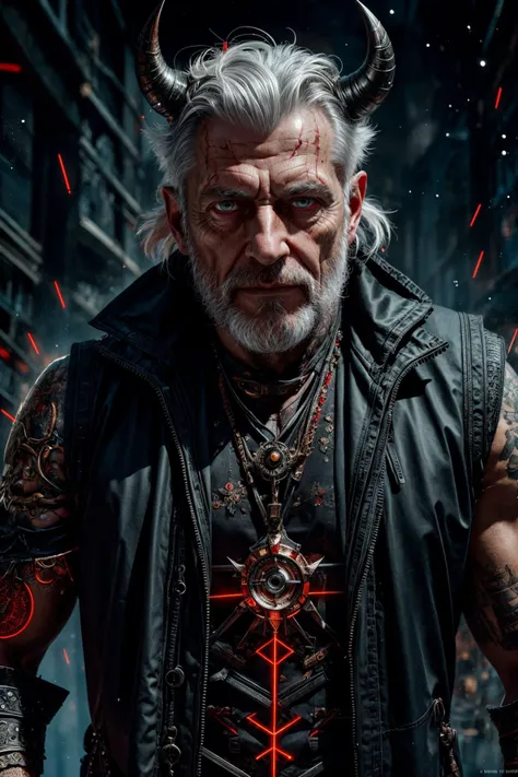 photo RAW, (analog photo, Detailed Mixed Media Art, Sharp Focus), masterpiece, award winning photography, high detail, hyper realistic, dramatic lighting, epic, <lora:add_detail:0.5>,
(1man, wrinkled face, old male:1.2), wise, ruby eyes, white hair, thin beard,
Style-GravityMagic, solo, half shot, looking away, detailed background, detailed face, (<lora:DemonicTech:0.6>, demonictech theme:1.1), glowing eyes, sound-wizard, wearing spellcaster vest, vibrating crystal necklace, determined look, concetric soundwave distortions, melodic incantations, harmonious tattoos, audio control, sonic maelstrom, sound technology, booming bass, concert hall in background, chromatic shadows, epic atmosphere,