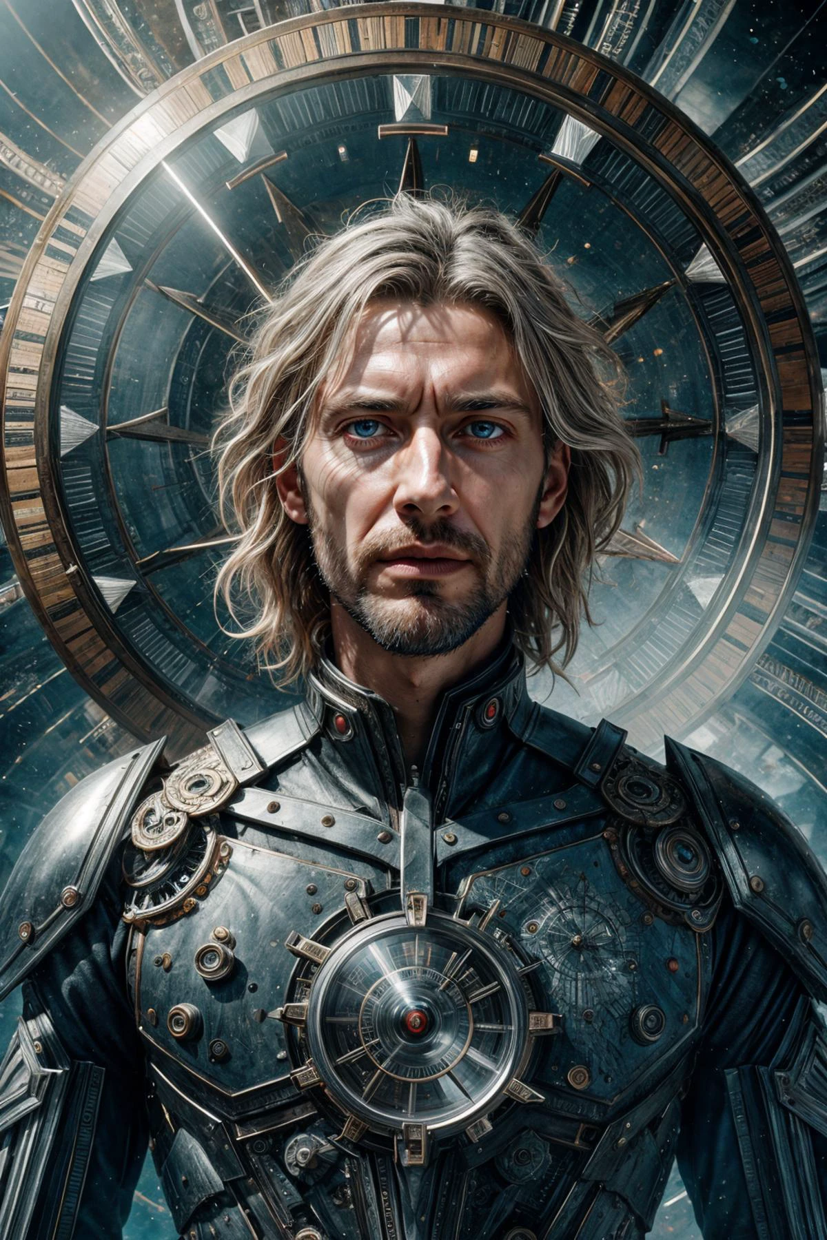 photo RAW, (analog photo, Detailed Mixed Media Art, Sharp Focus), masterpiece, award winning photography, high detail, hyper realistic, dramatic lighting, epic, <lora:add_detail:0.5>,
(1man, thin adult swedish male:1.2), grey-blue eyes, natural blonde hair, textured crop,
Style-GravityMagic, portrait, looking away, solo, upper body, detailed background, close up, shining (<lora:FragRealityTech:0.6>, fragrealitytech theme:1.1), divine deity of time, reflections, time and space, swirling clock in background, symmetrical composition, majestic divine atmosphere, bright light, holy aura, bloom, divine light, white clothes, ray of light,
