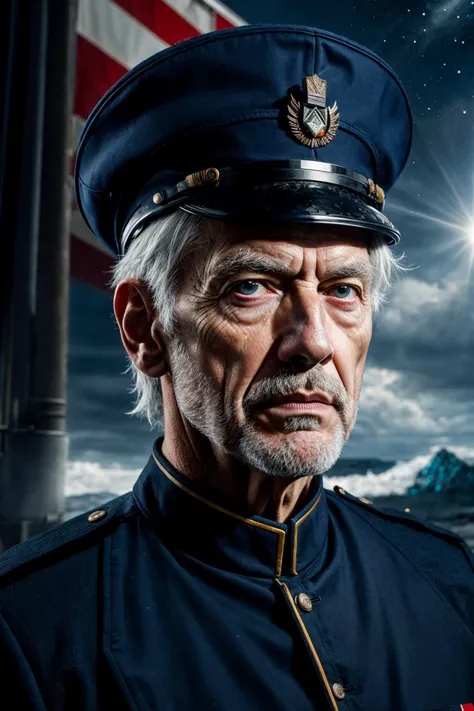 photo RAW, (analog photo, Detailed Mixed Media Art, Sharp Focus), masterpiece, award winning photography, high detail, hyper realistic, dramatic lighting, epic, <lora:add_detail:0.5>,
(1man, old male:1.2), frail, yellow eyes, white hair, textured fringe,
solo, (full body:0.6), looking at viewer, detailed background, detailed face, (<lora:Atompunk v.3:0.6>, atompunk theme:1.1), admiral, calm, blue admiral uniform, bicorn hat, navy flag, dynamic movement, on deck of ship, rigging, waves in background, starry sky, strategy, somber atmosphere,