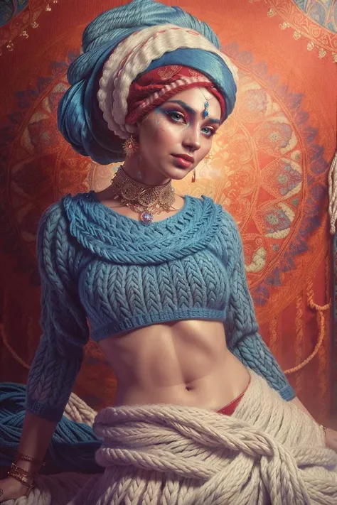 (dynamic pose:1.2),(dynamic camera),photo RAW,((young skinny smile a woman wearing a blue turba with colorful feathers),(look to viewer),(full red lips),(Crimson Wallpaper with a (wool) vintage pattern in the background:1.3)),masterpiece, best quality, highly detailed, rule of third, soft lighting, beautiful detailed, insanely intricate details, perfect lighting, incredible detail, artstation trending, hypermaximalistic, high details, natural balance color,8k, ultra detailed, beautiful and aesthetic, extremely detailed, the most beautiful form of chaos, elegant, vivid colours, romanticism, atmospheric, <lora:add_detail:0.25>, in the style of intimacy, dreamscape portraiture, solarization, shiny kitsch pop art, solarization effect, reflections and mirroring, photobash, (composition centering, conceptual photography), (natural colors, correct white balance, color correction, dehaze,clarity)