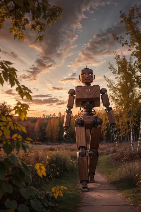 (Photo RAW),(close-up wooden robot walking in the birch park,autumne,sunrise,(sky clouds,hdr:1.2)),highly detailed,masterpiece, top quality, best quality, depth of field,bokeh,4k