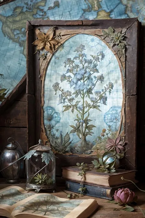 (Photo RAW),(magical surrealistic collage of a Medieval botanical illustration with flora and fauna against a faded light blue world map),highly detailed,masterpiece, top quality, best quality, depth of field,bokeh,4k