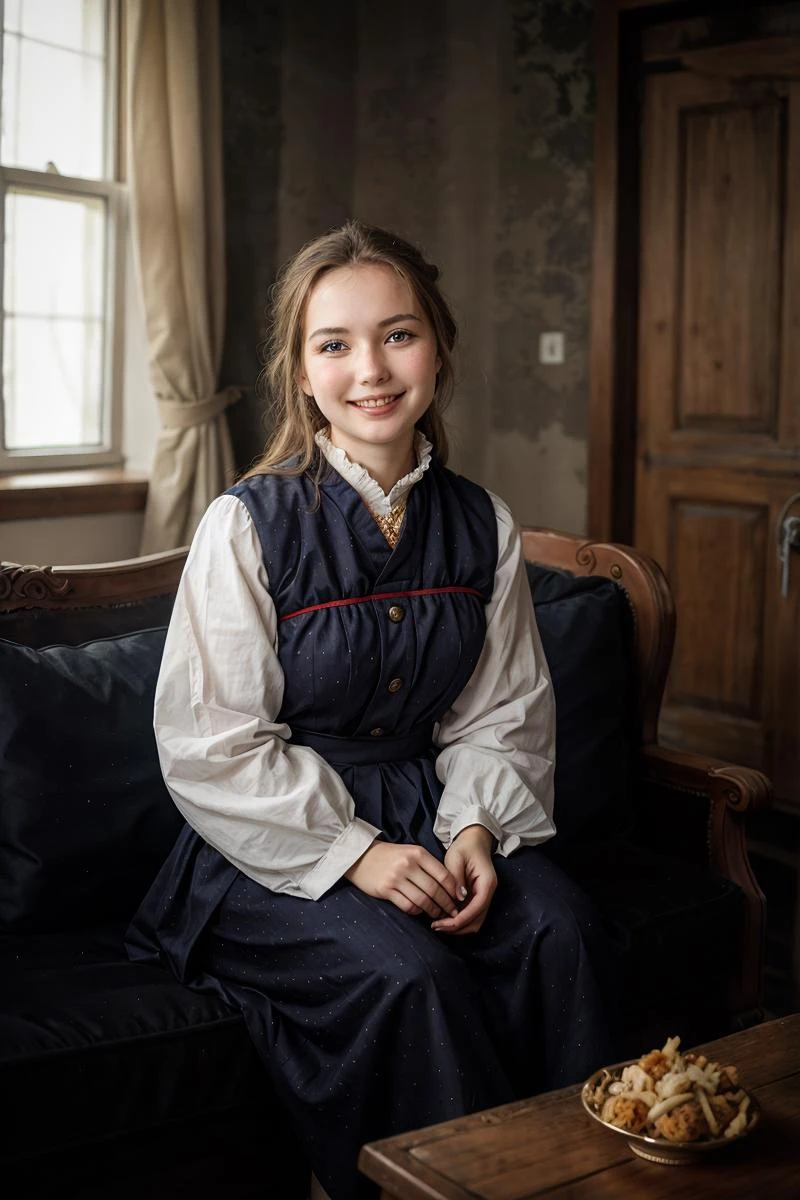 (analog photo:1.2),(close-up smile girl sitting on sofa in traditional clothes,russian village),(midnight hour, high quality, film grain), (natural colors, correct white balance, color correction, dehaze,clarity)