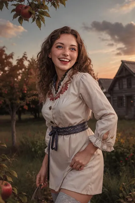 (Photo RAW),(cute young_woman laughs, freckles, blue eyes, looking to camera, solo, half shot, blooming apple tree in the garden,russian village in background, (long curly hair:1.2), (trimmed light colored, sexy, traditional costume clothes),show pattern panty,stripe stockings, (posing for image),outdoor,autumne,sunrise,(sky clouds,hdr:1.2)),highly detailed,masterpiece, top quality, best quality, depth of field,bokeh,4k