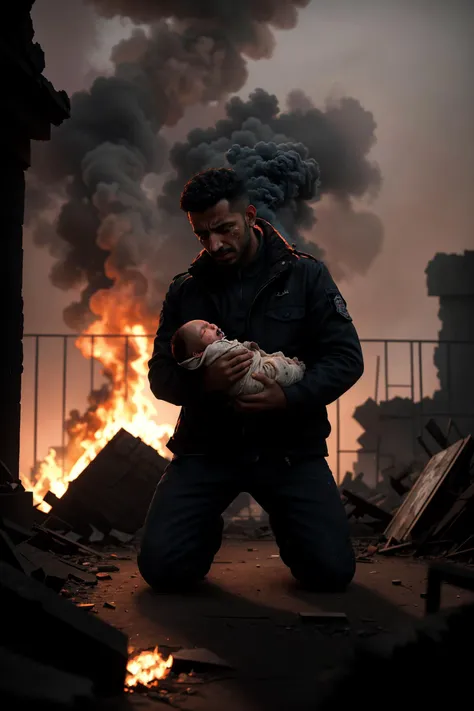 Photography,realism,an Arab man holding a dead ,the dead babyeling on the ground,with broken clothes,pain,crying,gnash your teeth,grief and indignation,(ruins:1.2),explosions,thick smoke,dusk,stains,backlighting,silhouettes,broken doll,the broken palestinian flag,broken glass slag,, masterpiece,best quality,highly detailed,Amazing,finely detail,extremely detailed CG unity 8k wallpaper,score:>=60,, Cinematic Lighting,rim light,available light,light leaks,depth_of_field,blurry,