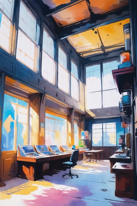 anime watercolor on vellum, natural sunlight, interior, in a cyberpunk wizard's laboratory<lora:EnvyStarlightAnimeWatercolor02a:1.25>