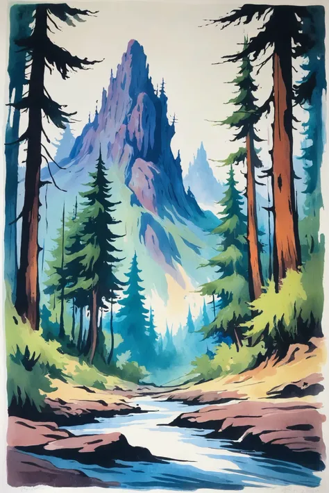 retro 1950s scifi painting, rough brush strokes, anime watercolor on vellum, subterranean fantasy settlement in a Subalpine Forest<lora:EnvyStarlightAnimeWatercolor02a:1.25>