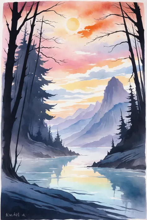 anime watercolor on vellum, morning, scenery, "at the Ominous Aeon"<lora:EnvyStarlightAnimeWatercolor02a:1.25>