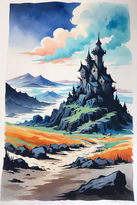anime watercolor on vellum, ruined,sky fantasy hamlet in a Necromancer's Wastes<lora:EnvyStarlightAnimeWatercolor02:1.25>