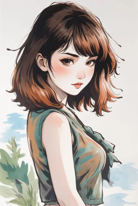 retro 1920s magazine illustration, rough brush strokes, anime style, anime watercolor on vellum, pinup, 1girl, woman, deep sienna skin, f/1.4 lens, bokeh, tiny Rosemary fairy, see-through gossamer, grin, bombshell hair, platinum hair, pointy hair, whitesmoke clothes, thicc athletic build, medium breasts, (asian:1.3), Co-working Spaces \(room\) <lora:EnvyStarlightAnimeWatercolor02a:1.25>