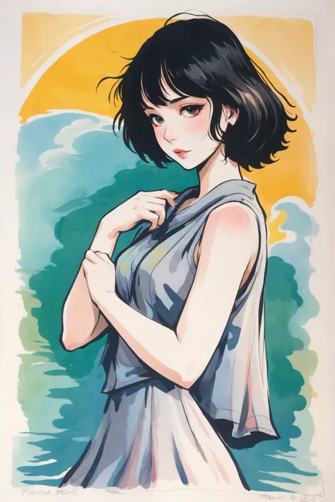 retro 1920s magazine illustration, rough brush strokes, anime watercolor on vellum, <lora:EnvyStarlightAnimeWatercolor02a:1.25>