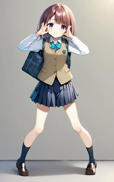 <lora:_sdxl-bbabaka-pony:0.8> bbabaka, standing, open hands, hands on face front, solo, full body, 1girl, school uniform , purple  mini  pleated skirt, brown  vest , high socks, loafers , navy school bag, bag charm, bag charm, bag charm