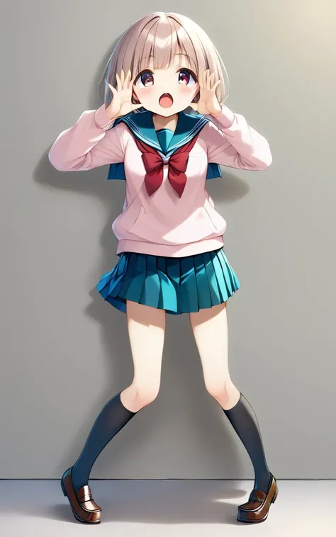<lora:_sdxl-bbabaka-pony:0.8> bbabaka, standing, open hands, hands on face front, solo, full body, 1girl, shout, open mouth, serafuku , gray mini pleated skirt, white long sleeve, sweater , thighhighs, loafers ,