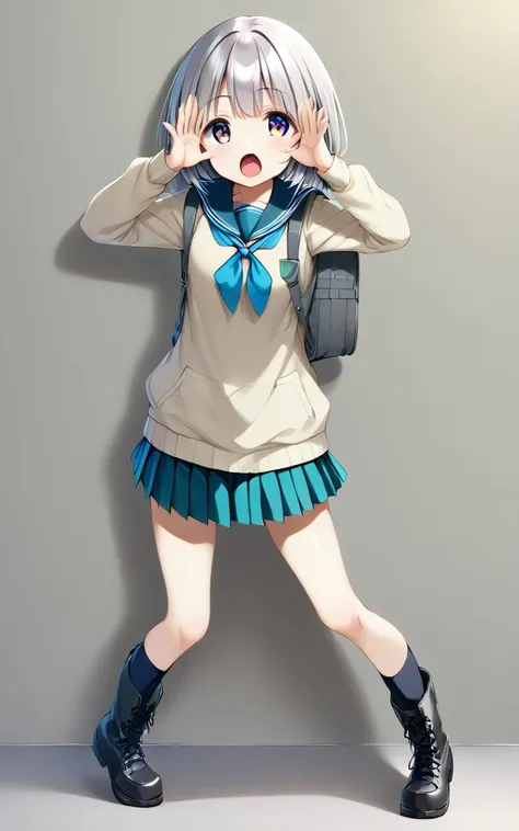 <lora:_sdxl-bbabaka-pony:0.8> bbabaka, standing, open hands, hands on face front, solo, full body, 1girl, shout, open mouth, serafuku , plaid long pleated skirt, white long sleeve, sweater , high socks, work boots , gray backpack