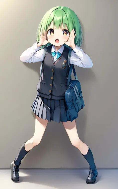 <lora:_sdxl-bbabaka-pony:0.8> bbabaka, standing, open hands, hands on face front, solo, full body, 1girl, shout, open mouth, jumper dress , navy  mini  pleated skirt, black  vest , high socks, work boots , navy school bag, bag charm, bag charm, bag charm