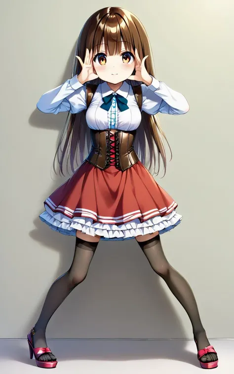<lora:_sdxl-bbabaka-pony:0.8> bbabaka, standing, open hands, hands on face front, solo, full body, 1girl, vermilion dress shirt, puffy sleeves, double-breasted, underbust. brown frilled intricate long_skirt, pannier, bustier, corset, crinoline, stockings, high_heels_sandals