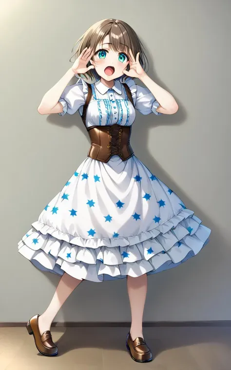 <lora:_sdxl-bbabaka-pony:0.8> bbabaka, standing, open hands, hands on face front, solo, full body, 1girl, shout, open mouth, dirndl, white dress, puffy sleeves, brown leaser bustier, double-breasted, underbust, dark turquoise corset, starry print long skirt, white apron, wooden shoes