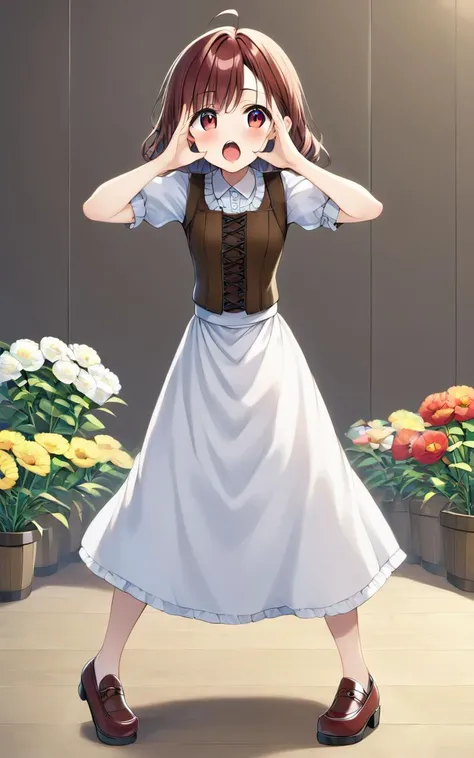 <lora:_sdxl-bbabaka-pony:0.8> bbabaka, standing, open hands, hands on face front, solo, full body, 1girl, shout, open mouth, dirndl, white dress, puffy sleeves, brown leaser bustier, double-breasted, underbust, dark red corset, coral long skirt, white apron, wooden shoes