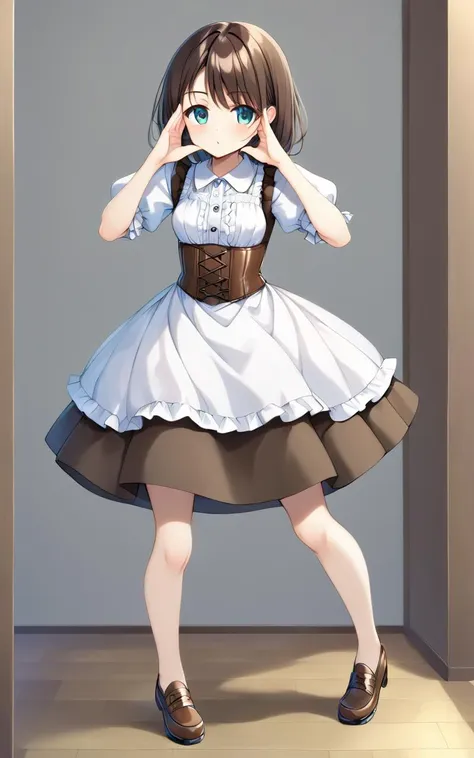 <lora:_sdxl-bbabaka-pony:0.8> bbabaka, standing, open hands, hands on face front, solo, full body, 1girl, dirndl, white dress, puffy sleeves, brown leaser bustier, double-breasted, underbust, dark iridescence corset, gray long skirt, white apron, wooden shoes