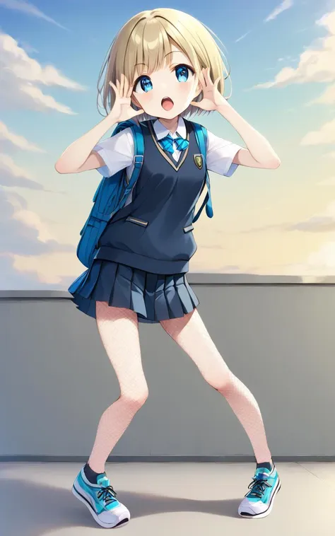 <lora:_sdxl-bbabaka-pony:0.8> bbabaka, standing, open hands, hands on face front, solo, full body, 1girl, shout, open mouth, jumper dress , starry print  long  pleated skirt, navy  vest , ankle socks, work boots , shoulder_bag