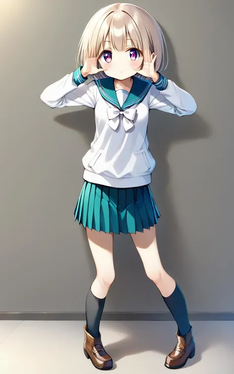 <lora:_sdxl-bbabaka-pony:0.8> bbabaka, standing, open hands, hands on face front, solo, full body, 1girl, school uniform , white mini pleated skirt, white bow , slouch socks, work boots ,