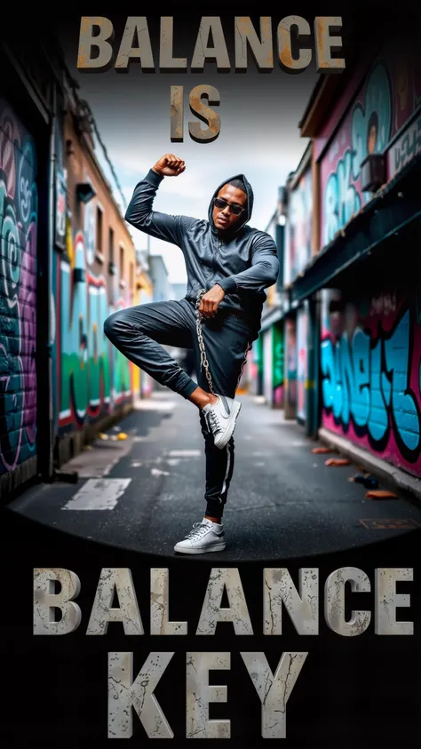 Text letters and words that says "Balance is Key" in bold lettering on a motivational poster, featuring a man in a stylish tracksuit balancing on one foot like a flamingo. A dynamic composition captures his playful pose against a vibrant street graffiti backdrop with colorful murals and urban elements. A photorealistic 8k raw photo, showcasing intricate details and vivid colors, enhanced by dramatic volumetric lighting casting deep shadows