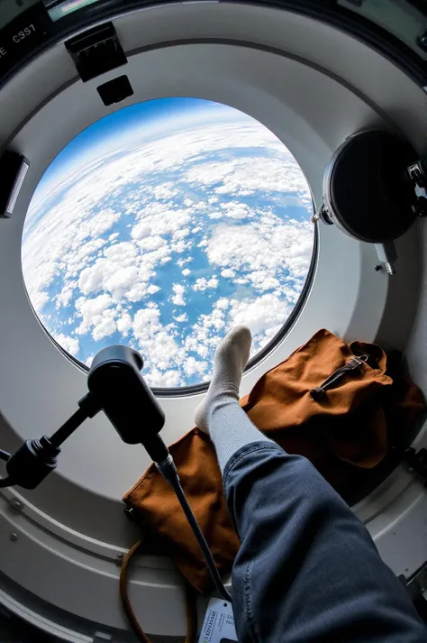 A captivating downward camera angle through a circular window, featuring Earth's clouds and blue oceans in a balanced composition with a single foot in white socks appearing relaxed against the vibrant planet below. A brown bag rests nearby, providing a personal touch to the scene. Technical apparatus and controls frame the environment, while soft, natural light filters in, creating a serene atmosphere with subtle reflections