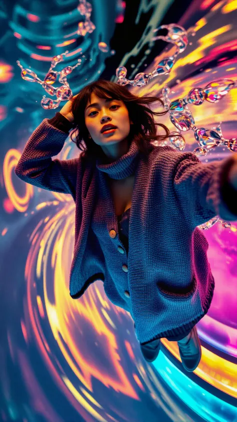 A photorealistic image capturing a serene scene of a woman in a cozy cardigan, her expression playful as she pretends to swim through the air, vibrant colors enhancing the dynamic background of swirling lights and abstract shapes. High-angle perspective showcases the dynamic motion, with soft volumetric lighting creating beautiful shadows around her