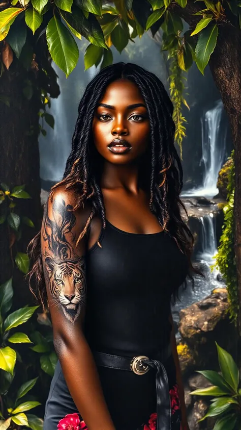 A beautiful young woman of dark complexion, hand tattooed with a striking white tiger design, standing confidently amidst a breathtaking jungle with lush greenery and splashing waterfalls. A balanced composition emphasizing her presence against the vibrant backdrop, rendered in vivid acrylic painting. Soft rays of sunlight penetrate the leaves, casting dappled light across the scene <lora:Ebony_Beauties:0.8> <lora:Flux_Hand_Tattoo-000001:1>