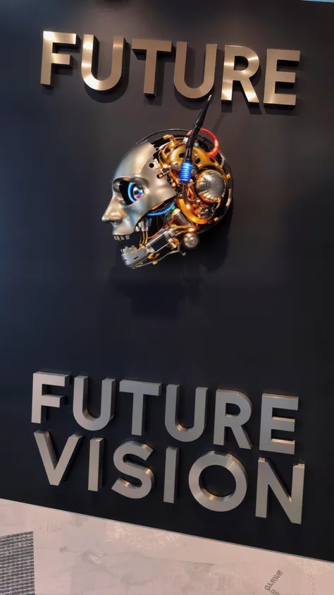 Text letters and words that says "Future Vision" in sleek metallic lettering integrated into a black wall backdrop, featuring a cyborg woman's head with intricate cables and illuminated LED elements. A dynamic 80-degree view emphasizing the angularity and sharp features of the head, with transparent gold plexiglass body components reflecting light. The scene showcases a captivating blend of technology and art, with silver motor details accentuating the cyborg's design, enhanced by soft, ambient lighting that creates depth in the stark setting